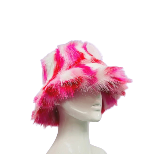 Fuzzy Bucket Hat - Red, White, & Pink